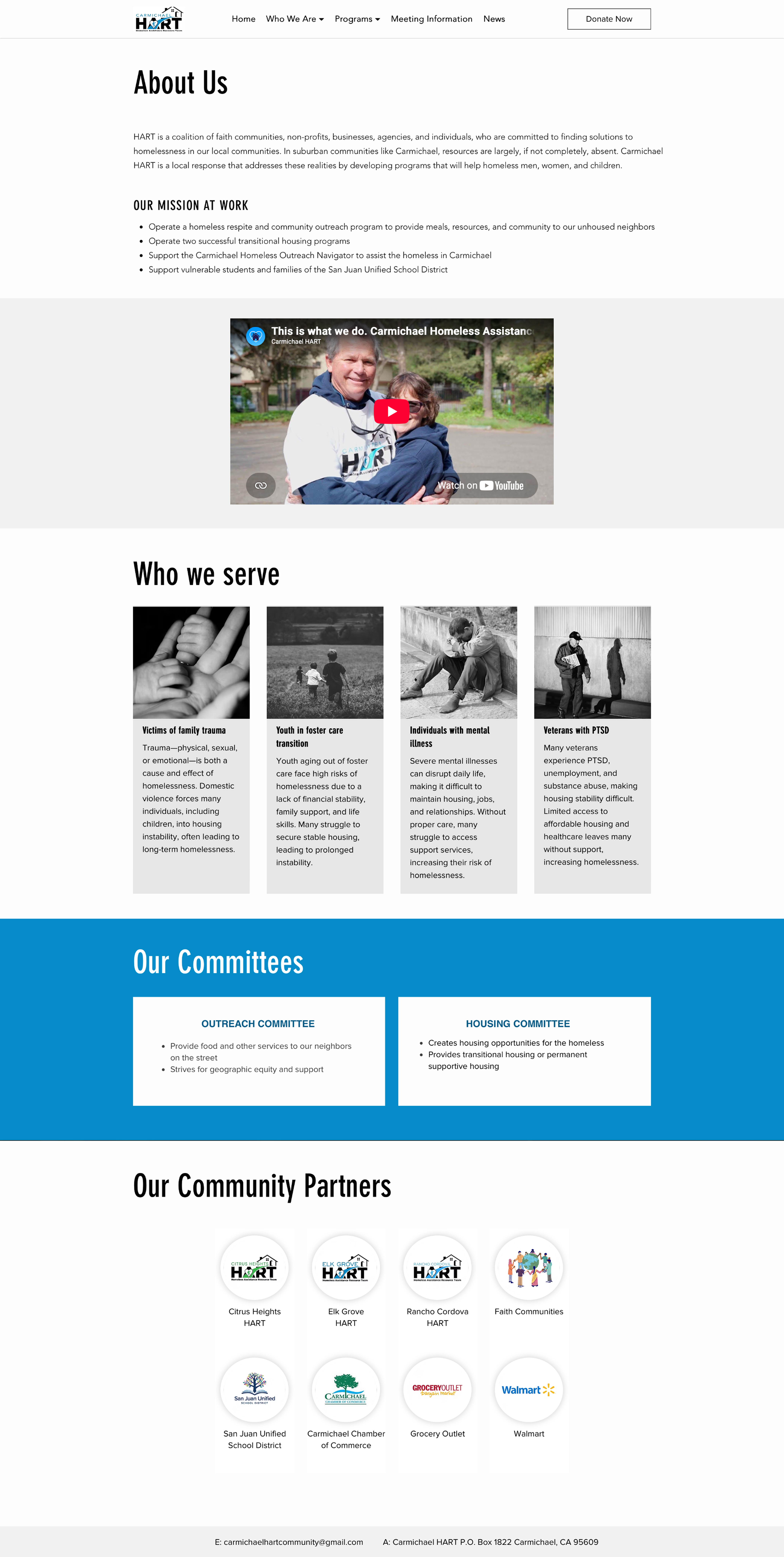 Redesigned About page combining mission, work, who the organization serves, committees, and community partners into one page
